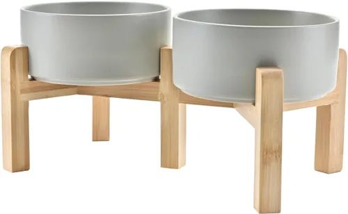 Vista 14 de SPUNKYJUNKY Cuencos elevados de cerámica para perros, 5.1 pulgadas, para comida de perros y gatos, cuencos elevados con soporte de bambú Verde oscuro