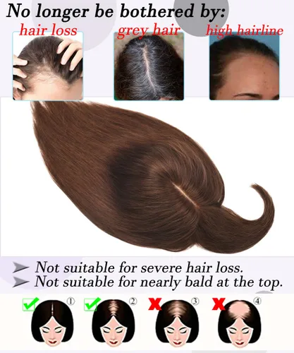 Vista 6 de Toppers para el cabello para mujeres con cabello delgado, base de seda real con flequillo, toppers para mujer, con clip en el cabello para mujer