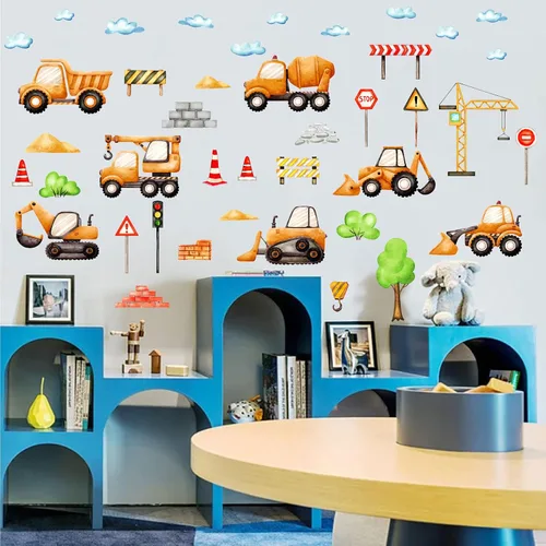 Vista 7 de Calcomanías de pared para automóvil, camión, construcción, vehículos, calcomanías de pared de dibujos animados, acuarela, calcomanías de tractor