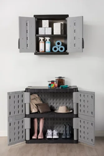 Vista 16 de Rubbermaid Freestanding Storage Cabinet with Doors 18"D x 36"W x 37"H Medium Gray/Black Two-Shelf Lockable Cabinet for Indoor/Outdoor/Garage Storage