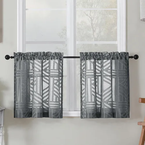 Vista 28 de Simplebrand Cortinas traslúcidas negras de cocina de 24 pulgadas de largo, 2 paneles, filtrado de luz, geométrico jacquard con textura, cortinas