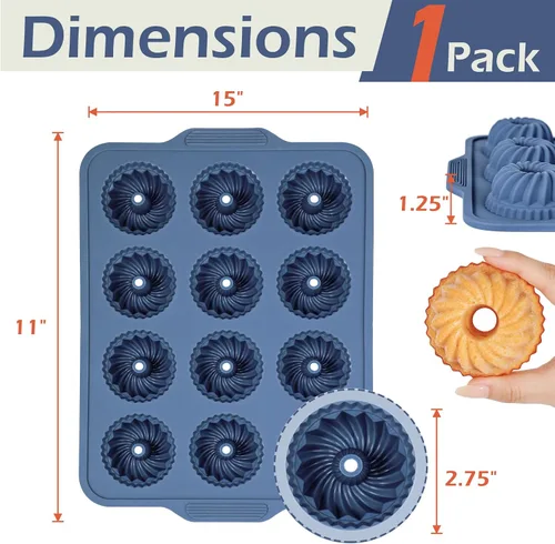 Vista 4 de Webake 2.75" Silicone Mini Fluted Tube Cake Pan with Steel-Reinforced Frame, 12-Cavity Nonstick Bite Size Mini Flan Molds for Baking, 1 Pack Blue