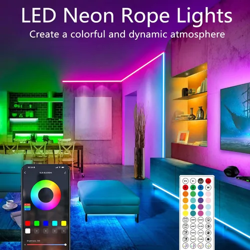 Vista 2 de Cuerda de luces de neón de 65.6 pies, control de luz LED flexible con aplicación/control remoto, múltiples modos, impermeable IP67 para exteriores
