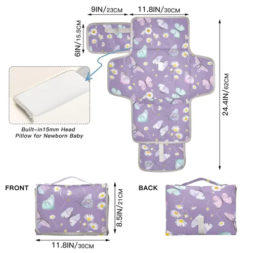 Vista 4 de Cambiador portátil para bebé – Mariposa púrpura impermeable cambiador de pañales cambiador de viaje con almohada incorporada – Regalo de ducha