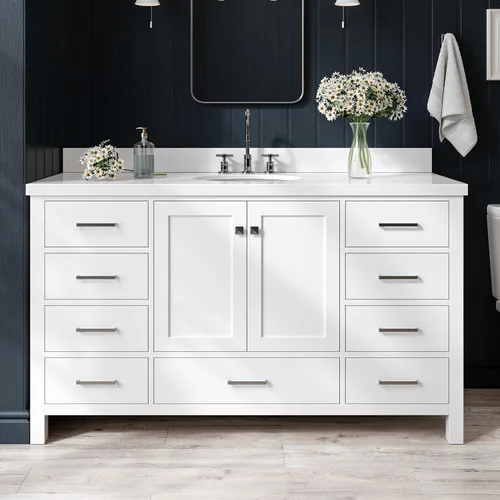 Vista 75 de ARIEL Cambridge tocador de baño con fregadero, madera maciza, encimera y protector contra salpicaduras de cuarzo blanco puro de 1.5 pulgadas