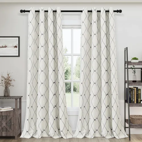 Vista 8 de Joywell Cortinas jacquard con ojales para sala de estar, 108 pulgadas de largo, línea ondulada negra con patrón de puntos, cortinas bordadas