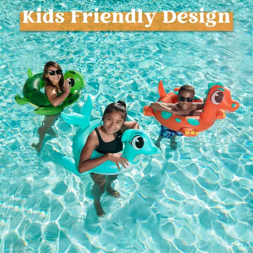 Vista 7 de SLOOSH Paquete de 3 flotadores inflables para piscina, dinosaurio, tortuga marina y delfín, anillos de natación para niños pequeños, piscina playa