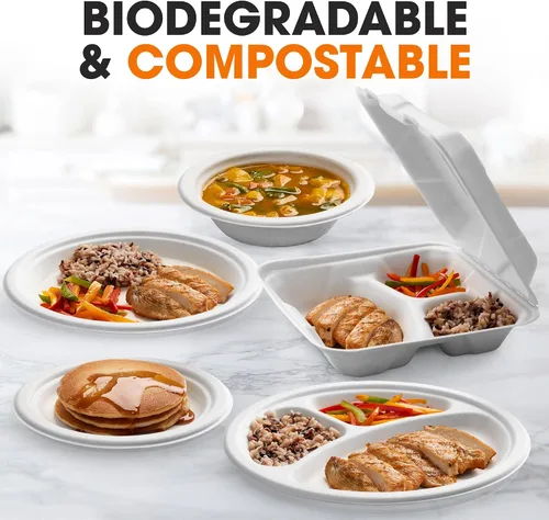 Vista 7 de Cheer Collection Platos de papel divididos compostables de 9 pulgadas, platos de papel 100% biodegradables de 3 secciones para alimentos calientes