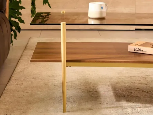 Vista 7 de Shrine - Mesa de café rectangular, diseño moderno de mediados de siglo, estructura de 2 niveles, parte superior de vidrio ámbar y estante de MDF