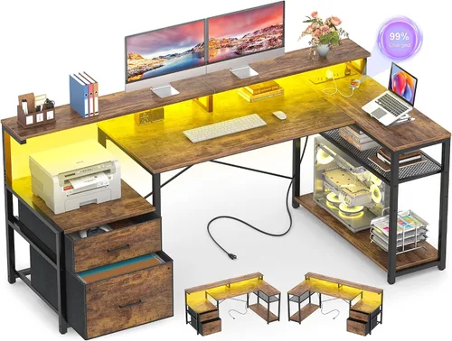 Vista 11 de Aheaplus Escritorio en forma de L con cajón de archivos, escritorio reversible en forma de L para computadora y juegos con toma de corriente