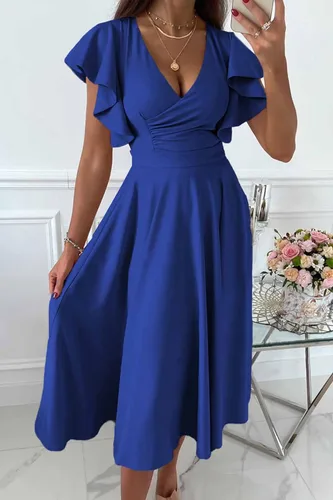 Vista 4 de PRETTYGARDEN Vestido midi de verano 2023 para mujer, manga casquillo con volantes, cuello en V, acampanado, vestido de cóctel
