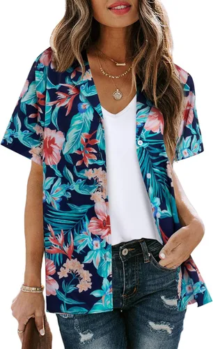 Vista 2 de Camisa hawaiana hawaiana para mujer, con hojas florales, camiseta de playa tropical, camisa con botones, camisas de vacaciones de verano
