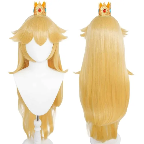 Vista 2 de JoneTing 9 piezas de peluca rubia de princesa para cosplay+ gorro de pelo + juego de accesorios de princesaPeluca rubia melocotón príncipes disfraz