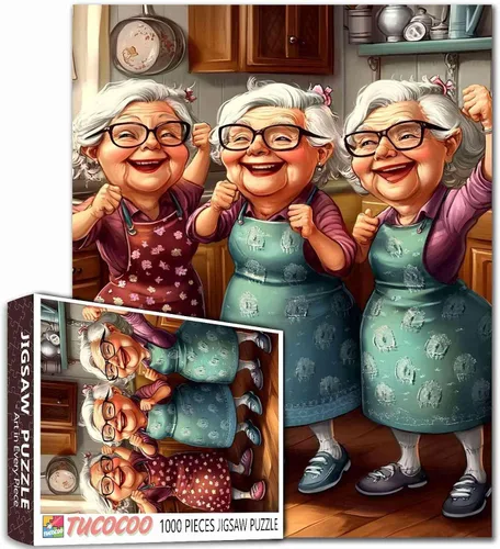 Vista 4 de Rompecabezas de mujer vieja de 1000 piezas para adultos, familias (niña, dama, pizza, naipe, vino tinto, amigas) piezas que encajan perfectamente