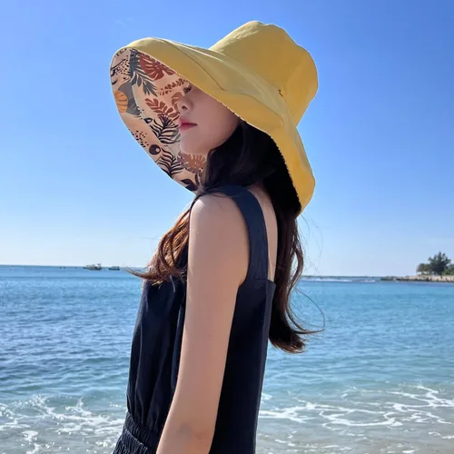 Vista 16 de Sombrero de sol de ala súper ancha para mujer, de algodón, plegable, reversible, con borde con cable, protección UV, verano, playa, viajes, jardín