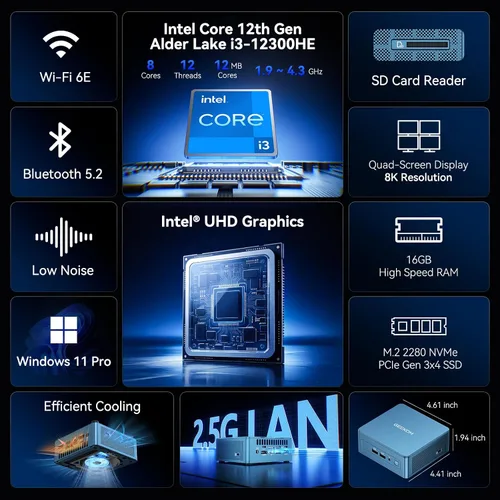 Vista 2 de GEEKOM (2026 Nuevo negocio 24/7 estable IT12 Mini PC con Intel i3-12300HE Industrial Mini Computer(3-Year Coverage) ,16GB RAM/512GB SSD