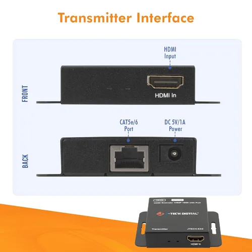 Vista 6 de J-Tech Digital Extensor HDMI a través de Ethernet único Cat5e/6/7 1080P hasta 1080P 160 pies Soporte PoC 3D Audio Digital, funciona con computadora
