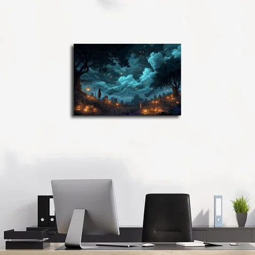 Vista 2 de JDBeehpy Spooky Halloween Cemetery Scene Wall Art Jack - O' - Lanterns Poster Mysterious Night Sky Frame Canvas Print PaintingCreepy Decor Mural