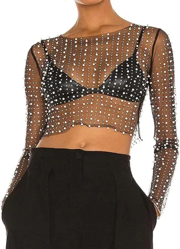 Vista 2 de Blusa de malla de manga larga transparente con diamantes de imitación de perlas para mujer, una pieza