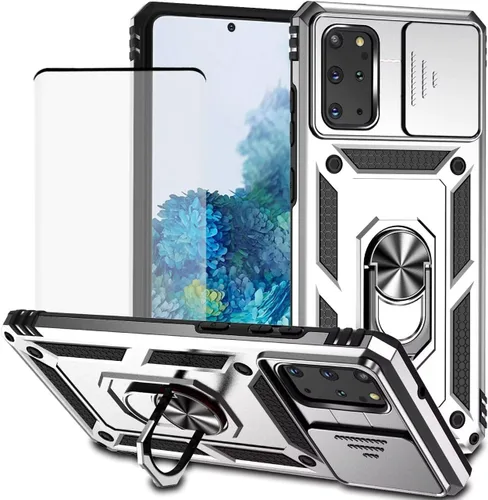 Vista 10 de Funda para Galaxy S20 Plus, Samsung S20+ SM-G985 con protector de pantalla de vidrio templado y cubierta de cámara deslizante, anillo magnético