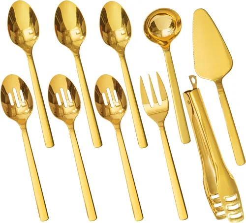 Vista 8 de KINGSTONE Juego de utensilios de servir para anfitriona grande, 18/10 de acero inoxidable resistente cucharas de servir de 10 pulgadas, cucharas