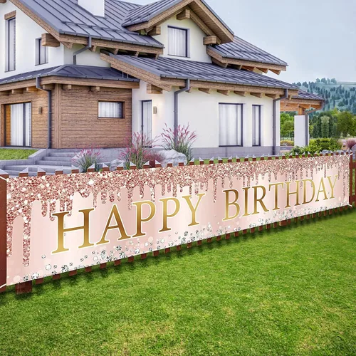 Vista 5 de Cartel de feliz cumpleaños de oro rosa rosa para mujer, pancarta de feliz cumpleaños para puerta y suministros de fiesta, grande 16, 21, 30, 40, 50