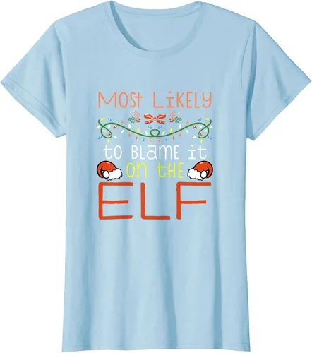 Vista 21 de Camiseta de Navidad familiar a juego con la frase "Most Likely To Blame It On The Elf" Negro