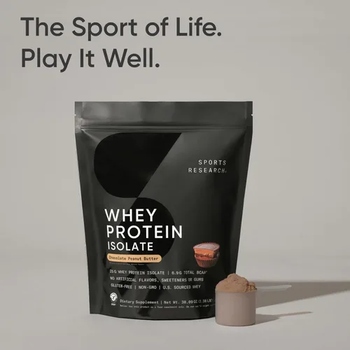 Vista 6 de Sports Research® 100% proteína de suero aislado de chocolate mantequilla de maní – Proteína en polvo de origen estadounidense con BCAA – Sin sabores