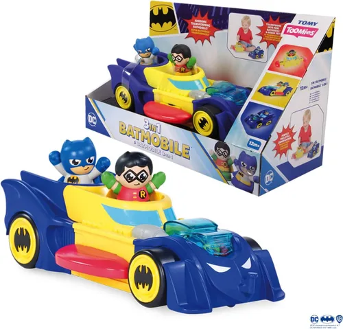 Vista 7 de Toomies DC Comics Batman E73262 - Vehículo 3 en 1 que se transforma en mini batmobile y chorro, efecto de estallido del motor, tracción del volante