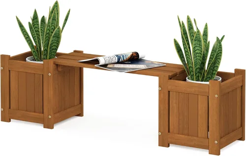 Vista 10 de Furinno FG16011 Tioman - Caja de flores de madera dura, color marrón 40.5" de ancho, caja de flores de madera dura de listones con asiento, caja