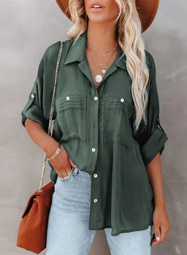 Vista 2 de Astylish Blusa ligera de manga enrollable para mujer, con botones, con bolsillo