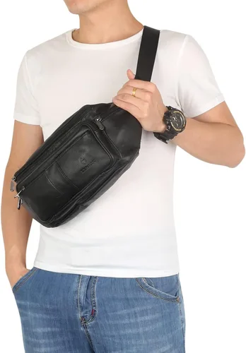 Vista 3 de Riñonera de cuero auténtico, riñonera con cinturón ajustable, múltiples bolsillos para hombres y mujeres