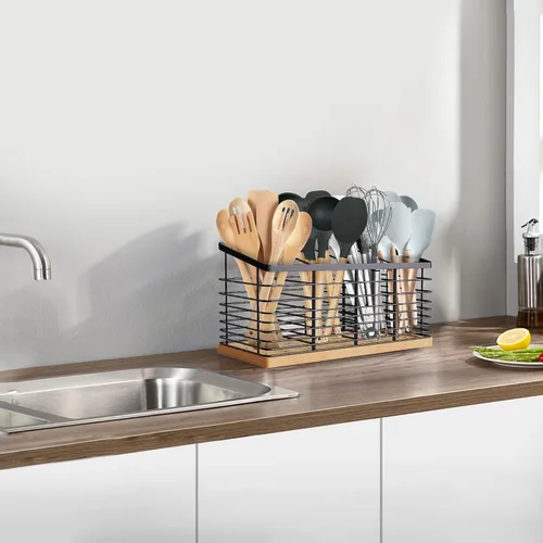 Vista 7 de Suli - Soporte extra grande para utensilios de cocina, 4 compartimentos, color negro Metal Utensil Holder with Wooden Base for Countertop, Rustic