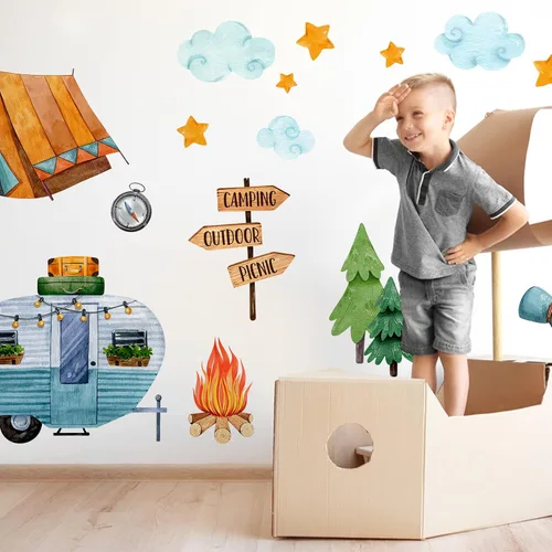 Vista 6 de Yovkky Calcomanías de pared para habitación de los niños, decoración neutra de picnic al aire libre, casa rodante, hoguera, guardería, sala