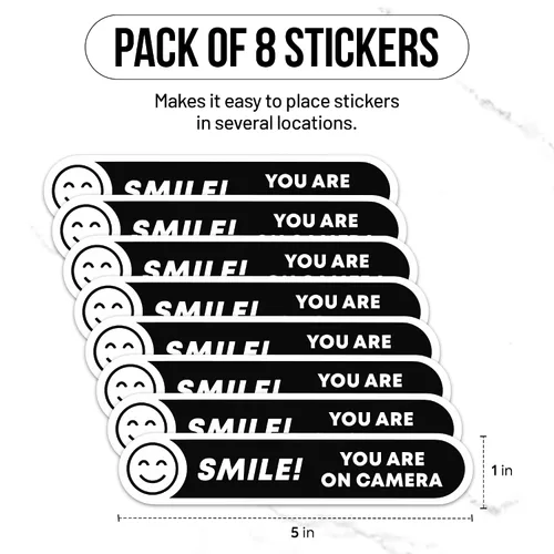 Vista 4 de Calcomanías para cámara Smile You're On (8 piezas) – Adhesivo fuerte, resistente al agua, letreros de «You are on» Tamaño 5 x 1 pulgadas. Adhesivos