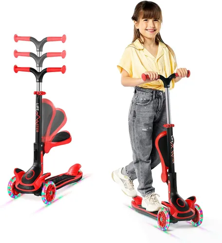 Vista 10 de Scooter de 3 ruedas para niños con asiento plegable, altura ajustable del manubrio, juguete de paseo inclinado para conducir para niños a partir
