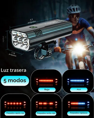 Vista 4 de 2026 Upgrade 6800Lumen Bike Light for Night Riding,Headlight Taillight Set Super Bright 6 LED Bicycle Light,10 Mode Rechargeable,360°Rotatable