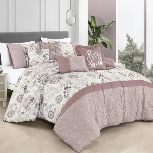 Vista 7 de ESCA Juego de edredón floral morado Queen - 7 piezas de ropa de cama botánica ciruela malva