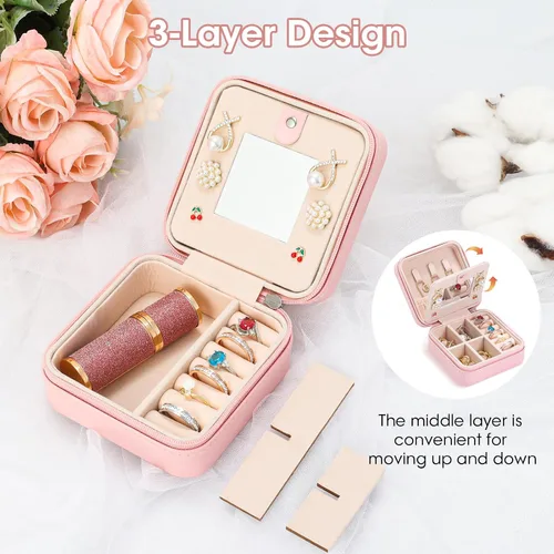 Vista 7 de Joyero de viaje personalizado con espejo, organizador de joyas pequeño, regalo ideal con monograma para mujeres y adolescentes, soporte de joyería
