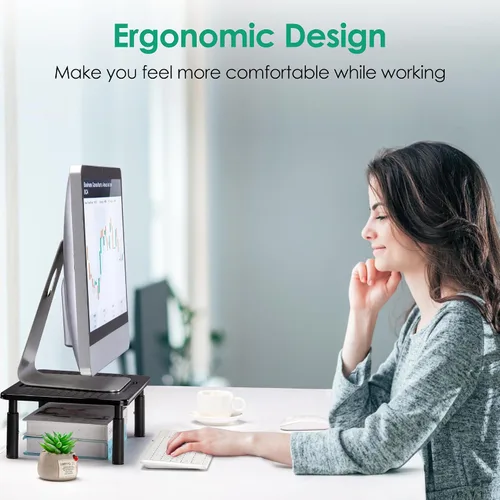 Vista 7 de La Jaco Elevadores de monitor para 2 monitores, soporte de monitor ajustable de 3 alturas con soporte para bolígrafo, elevador de monitor doble