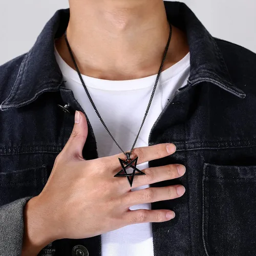 Vista 4 de TempBeau Collar con colgante de pentagrama satánico Baphomet Cadena de eslabones de pentáculo invertida hecha a mano, iglesia satanista, punk