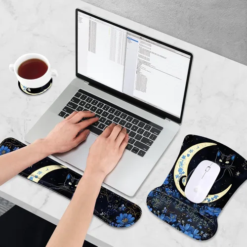 Vista 2 de AIMSA Alfombrilla de mouse con reposamuñecas, juego de alfombrillas de mouse con soporte de muñeca de gato negro, alfombrilla ergonómica con base