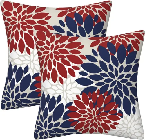 Vista 9 de Juego de 2 fundas de almohada decorativas de dalia azul marino, rojo, gris, dalia floral, para interiores y exteriores, funda de almohada de Floral 1