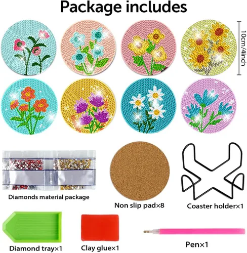 Vista 2 de DOTZSO Juego de 8 posavasos de arte de diamante con soporte, kits de arte de diamantes para adultos principiantes, pequeños posavasos de pintura