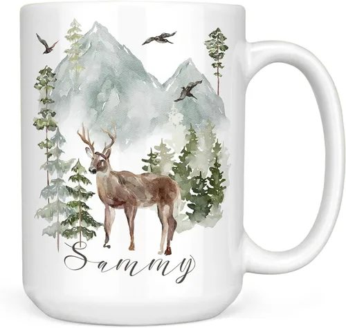 Vista 6 de Deer Mountain Personalized Name Ceramic Coffee Mug, 11 or 15 oz 11 oz Black Accent