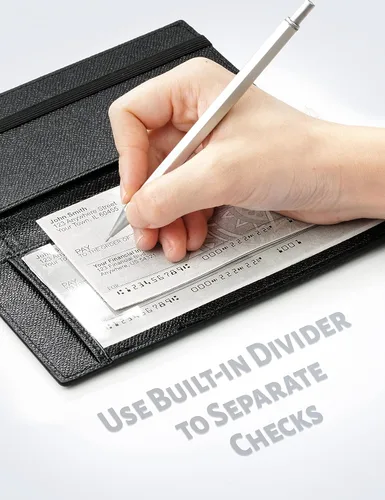 Vista 129 de Yarnic Funda para chequera personal, soporte para chequera con soporte para bolígrafo y divisor de plástico transparente integrado para cheques Rosa