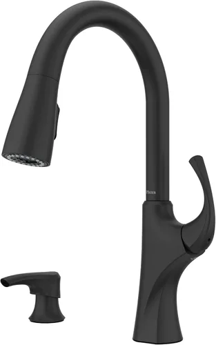 Vista 14 de Pfister Miri 2.0 Llave de cocina con rociador extraíble y dispensador de jabón, de un solo mango, arco alto, certificada por NSF, acabado en oro Oro