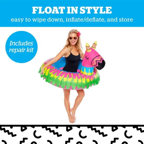 Vista 4 de BigMouth Inc. Donkey Party - Flotador de piscina con piñata – Divertido flotador de piscina que mide más de 4 pies de ancho, kit de parche incluido