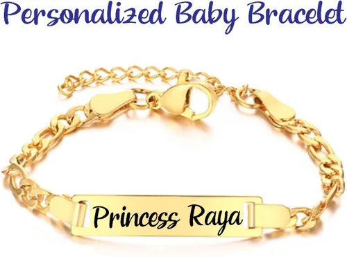 Vista 4 de Pulsera de bebé chapada en oro de 14 quilates, pulsera de bebé grabada personalizada, pulsera con nombre grabado, pulsera de bebé chapada en oro