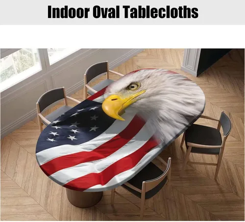 Vista 5 de Manteles Ovalados Ajustables del 4 de Julio, Cubiertas de Mesa con Borde Elástico de Águila Calva Americana sobre Bandera, Se Ajusta a Mesas